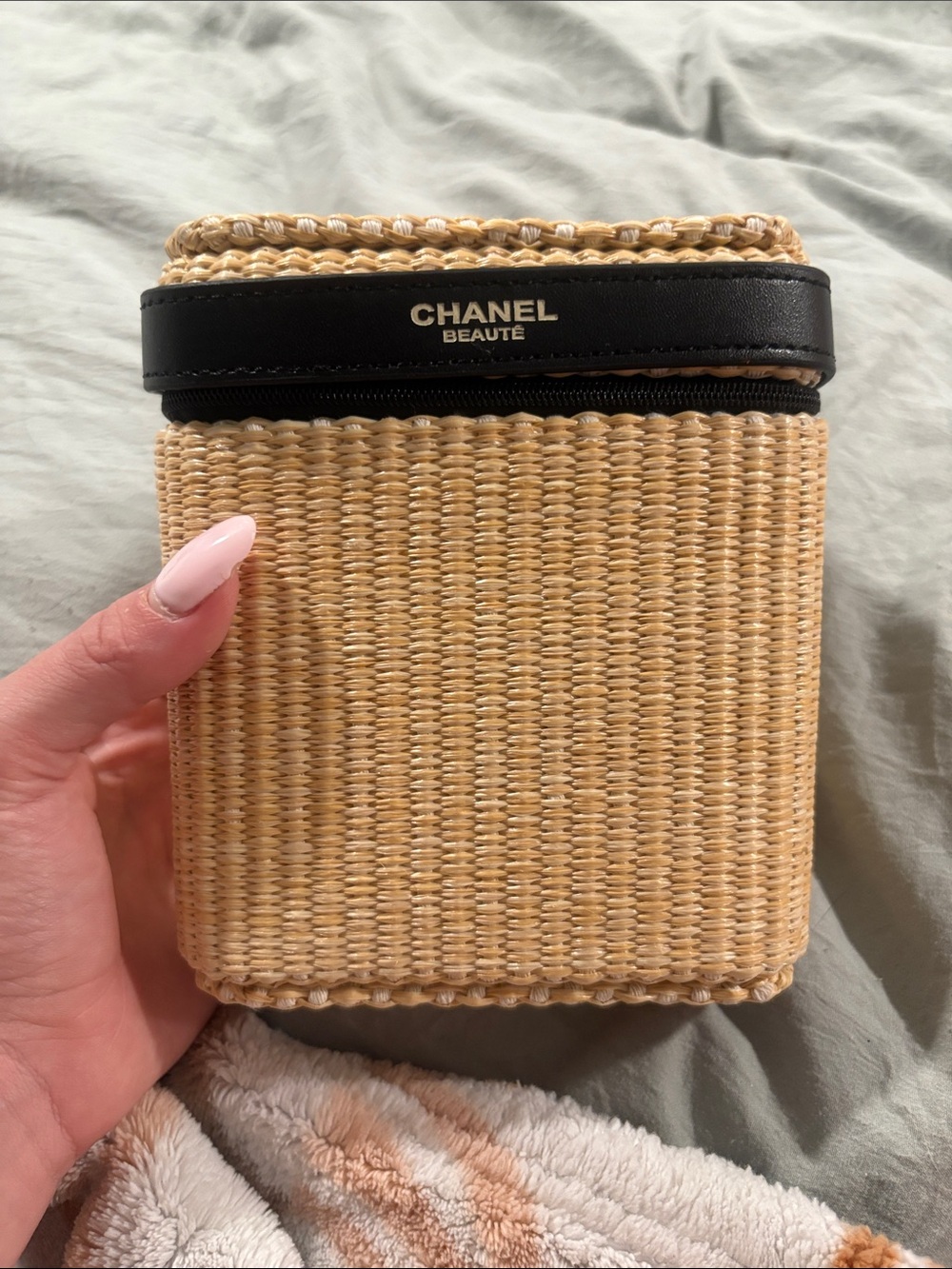 CHANEL Beauté Natural Straw and Black Trim Cosmetic Case with Gold Logo